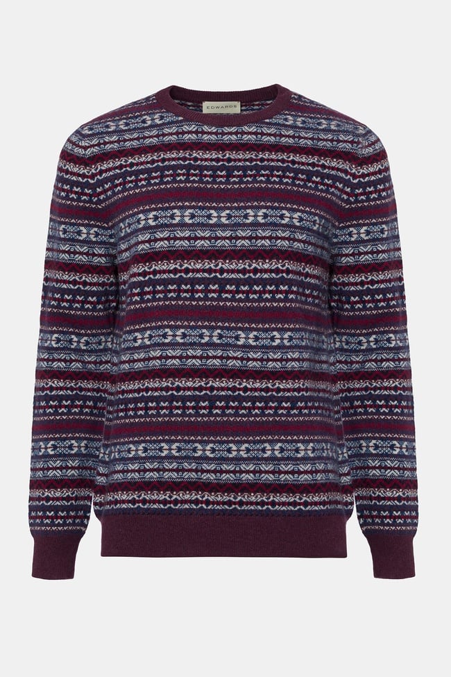  Erkek Bordo Bisiklet Yaka Desenli Lambswool Kazak