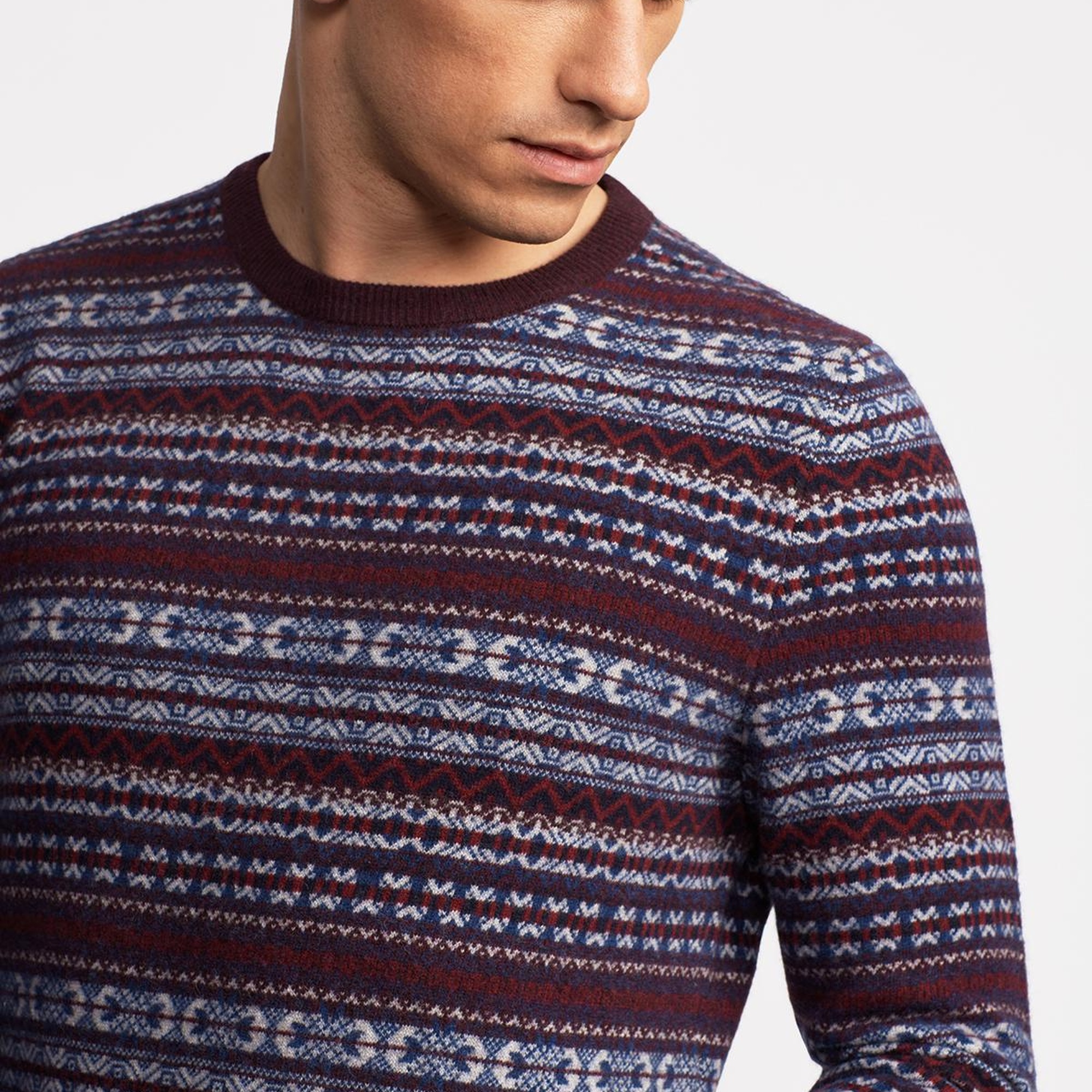 Erkek Bordo Bisiklet Yaka Desenli Lambswool Kazak