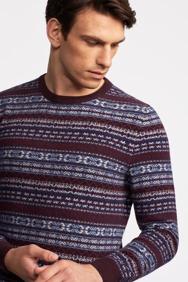  Erkek Bordo Bisiklet Yaka Desenli Lambswool Kazak