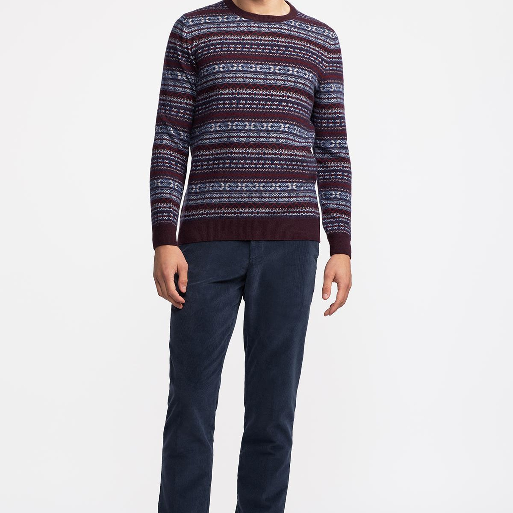 Erkek Bordo Bisiklet Yaka Desenli Lambswool Kazak