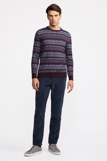  Erkek Bordo Bisiklet Yaka Desenli Lambswool Kazak