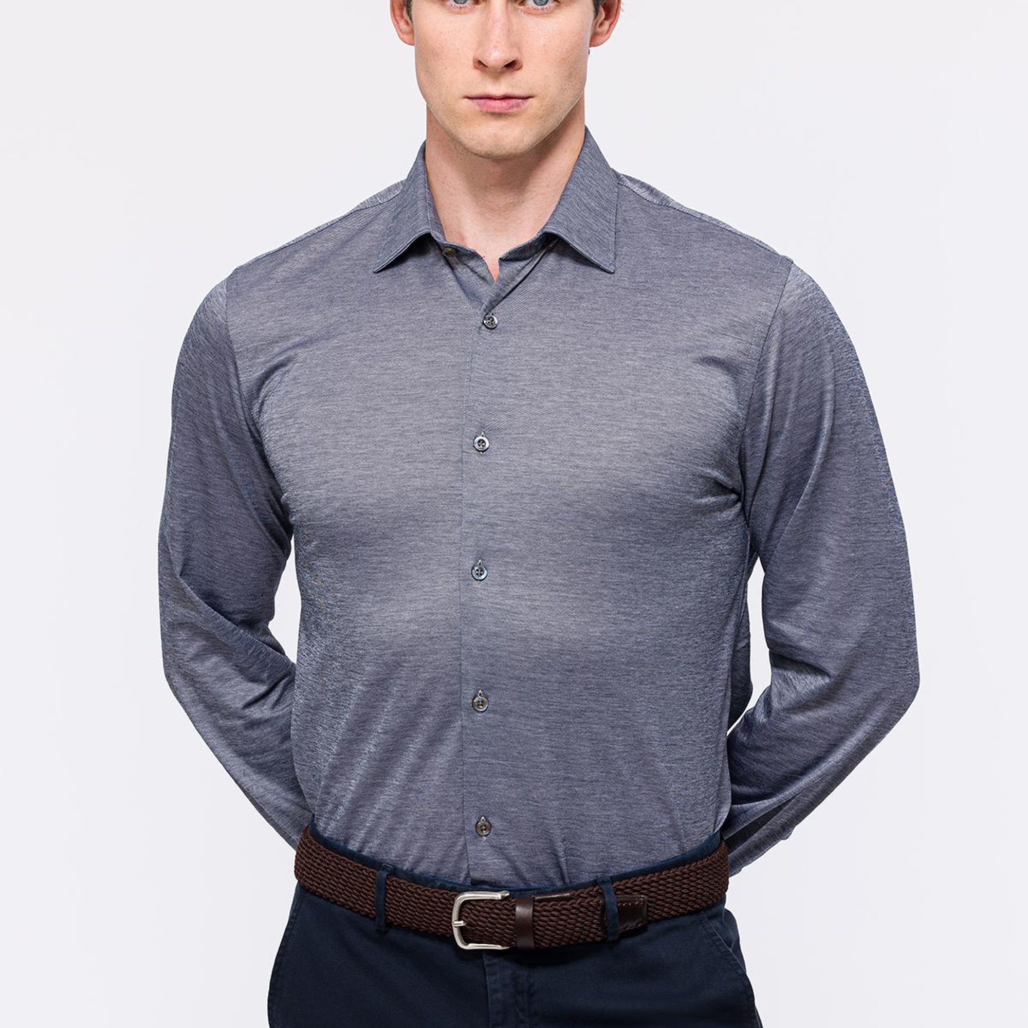 Erkek Gri Cooper Fit Düğmeli Yaka Jersey Gömlek