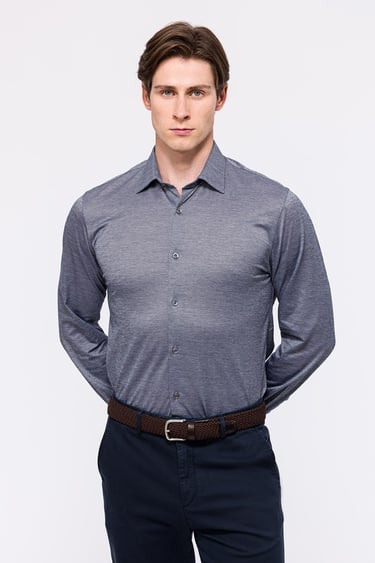  Erkek Gri Cooper Fit Düğmeli Yaka Jersey Gömlek