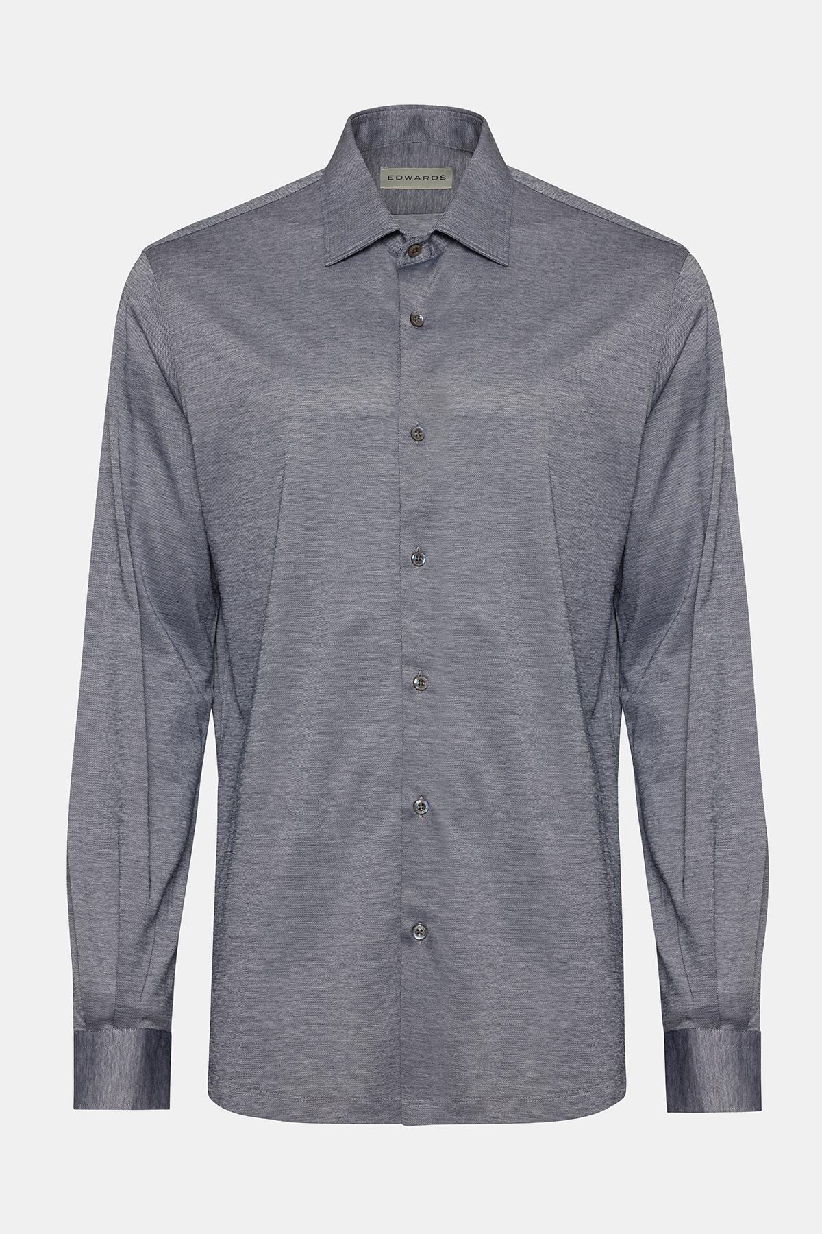  Erkek Gri Cooper Fit Düğmeli Yaka Jersey Gömlek