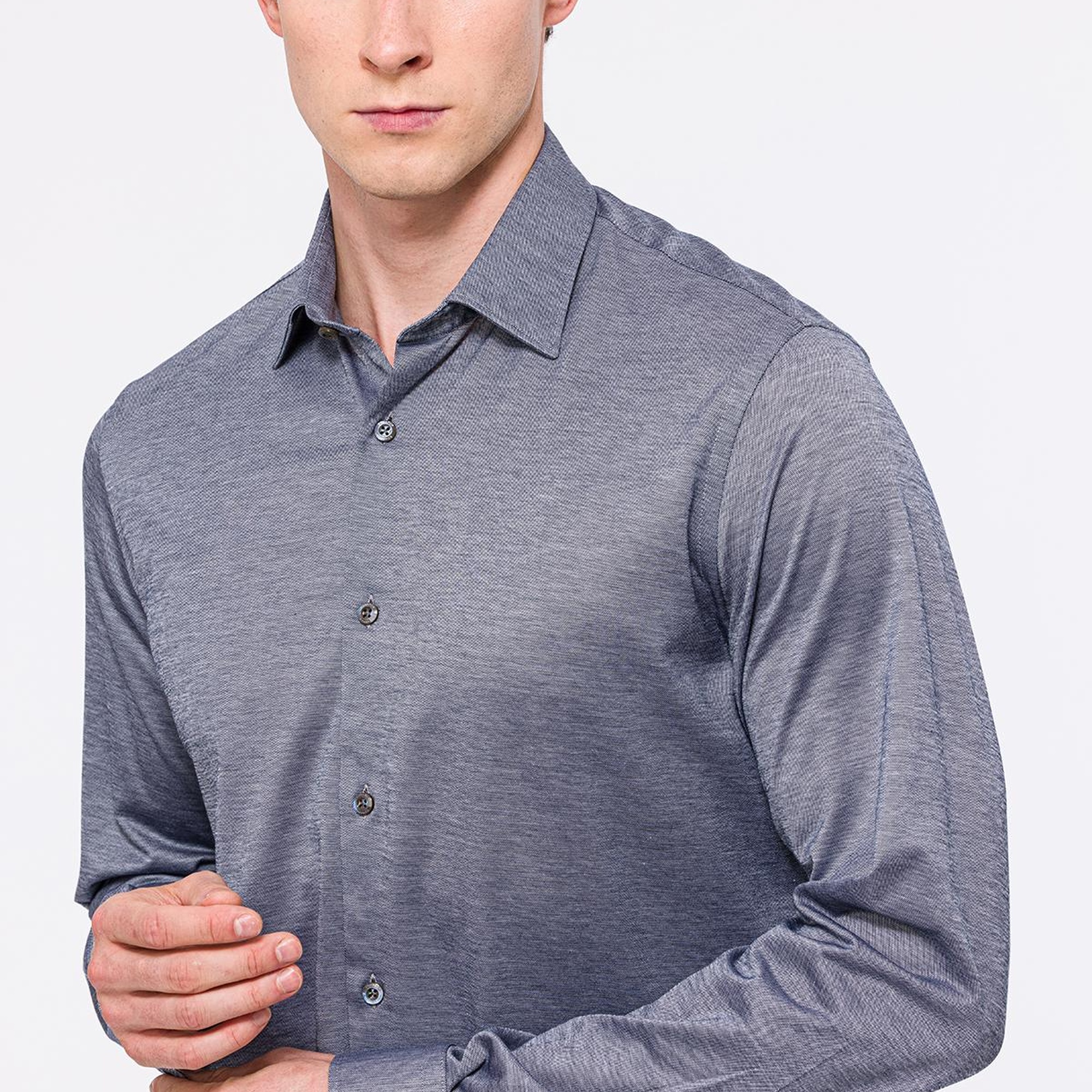 Erkek Gri Cooper Fit Düğmeli Yaka Jersey Gömlek