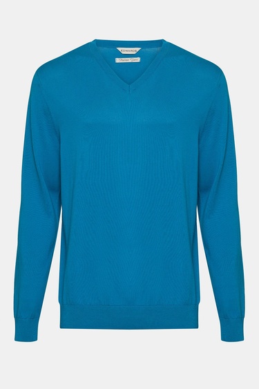  Erkek Petrol Organik Pamuklu V Yaka Kazak