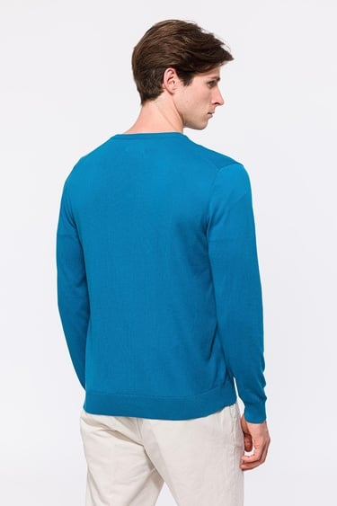  Erkek Petrol Organik Pamuklu V Yaka Kazak