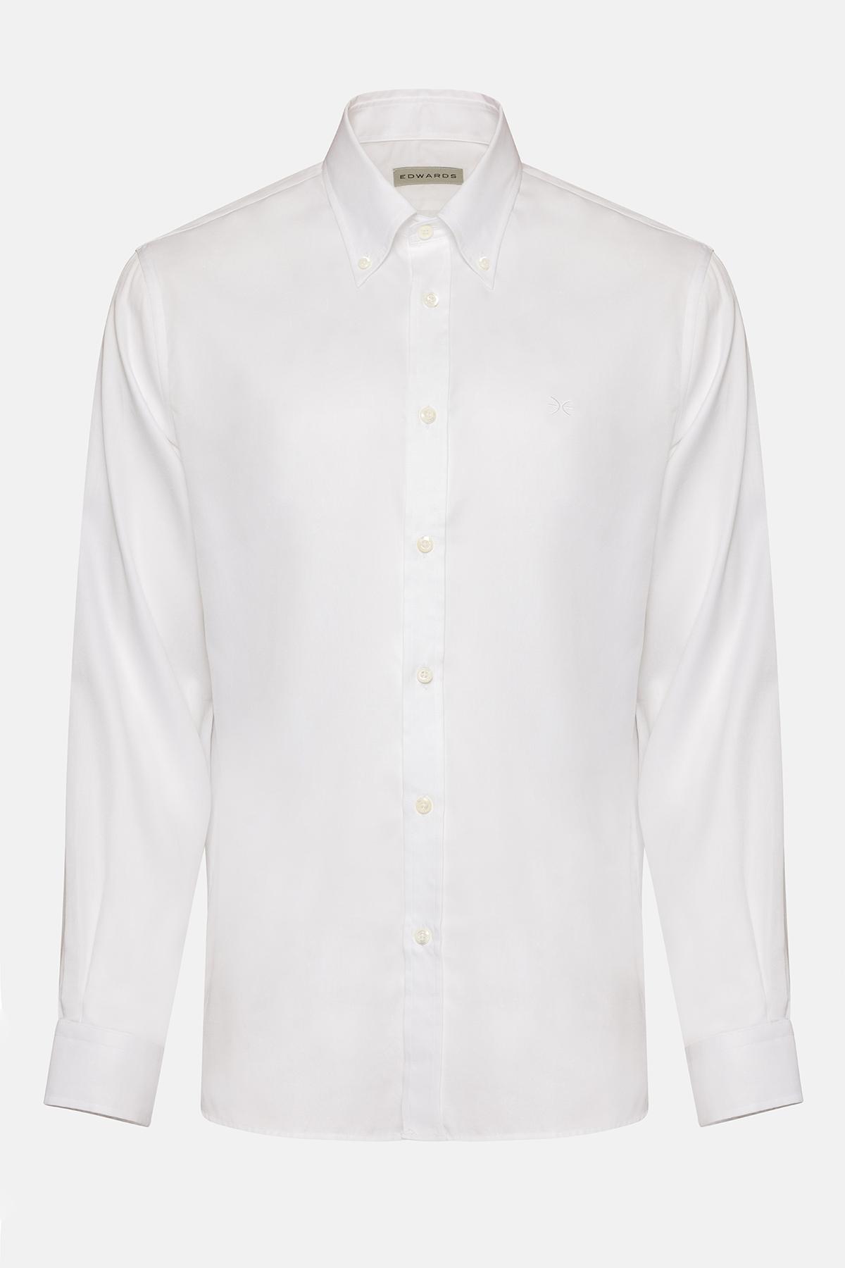  Erkek Beyaz Cooper Fit Düğmeli Yaka Klasik Gömlek