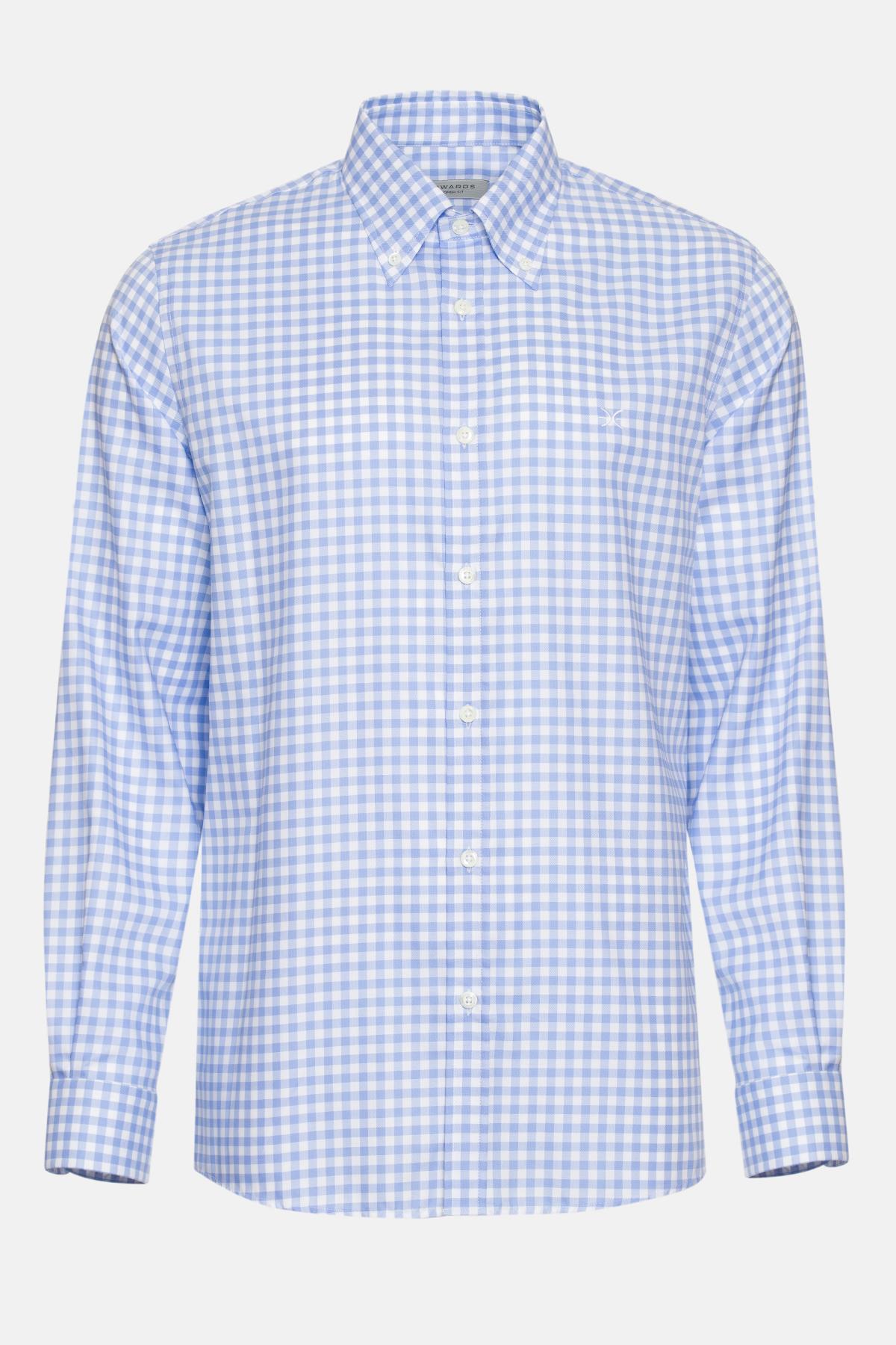  Erkek Mavi Cooper Fit Düğmeli Yaka Pötikareli Spor Gömlek