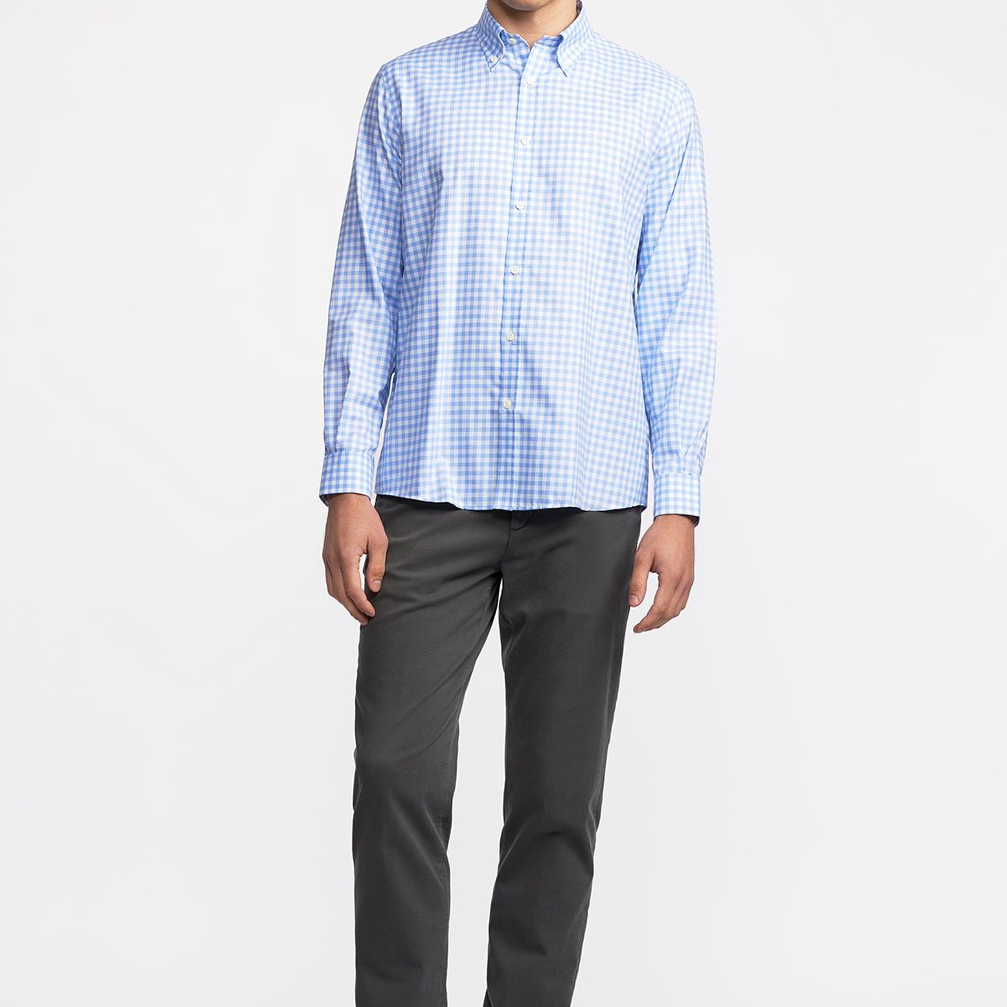 Erkek Mavi Cooper Fit Düğmeli Yaka Pötikareli Spor Gömlek