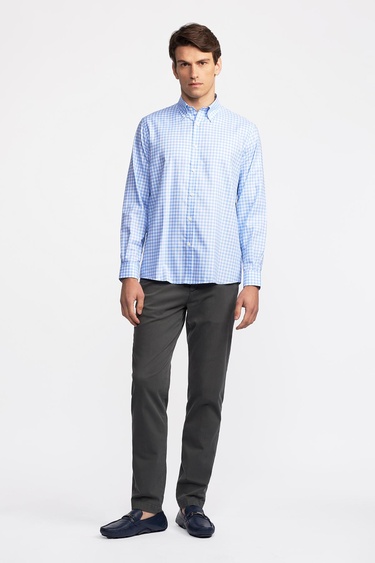  Erkek Mavi Cooper Fit Düğmeli Yaka Pötikareli Spor Gömlek