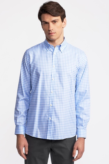  Erkek Mavi Cooper Fit Düğmeli Yaka Pötikareli Spor Gömlek