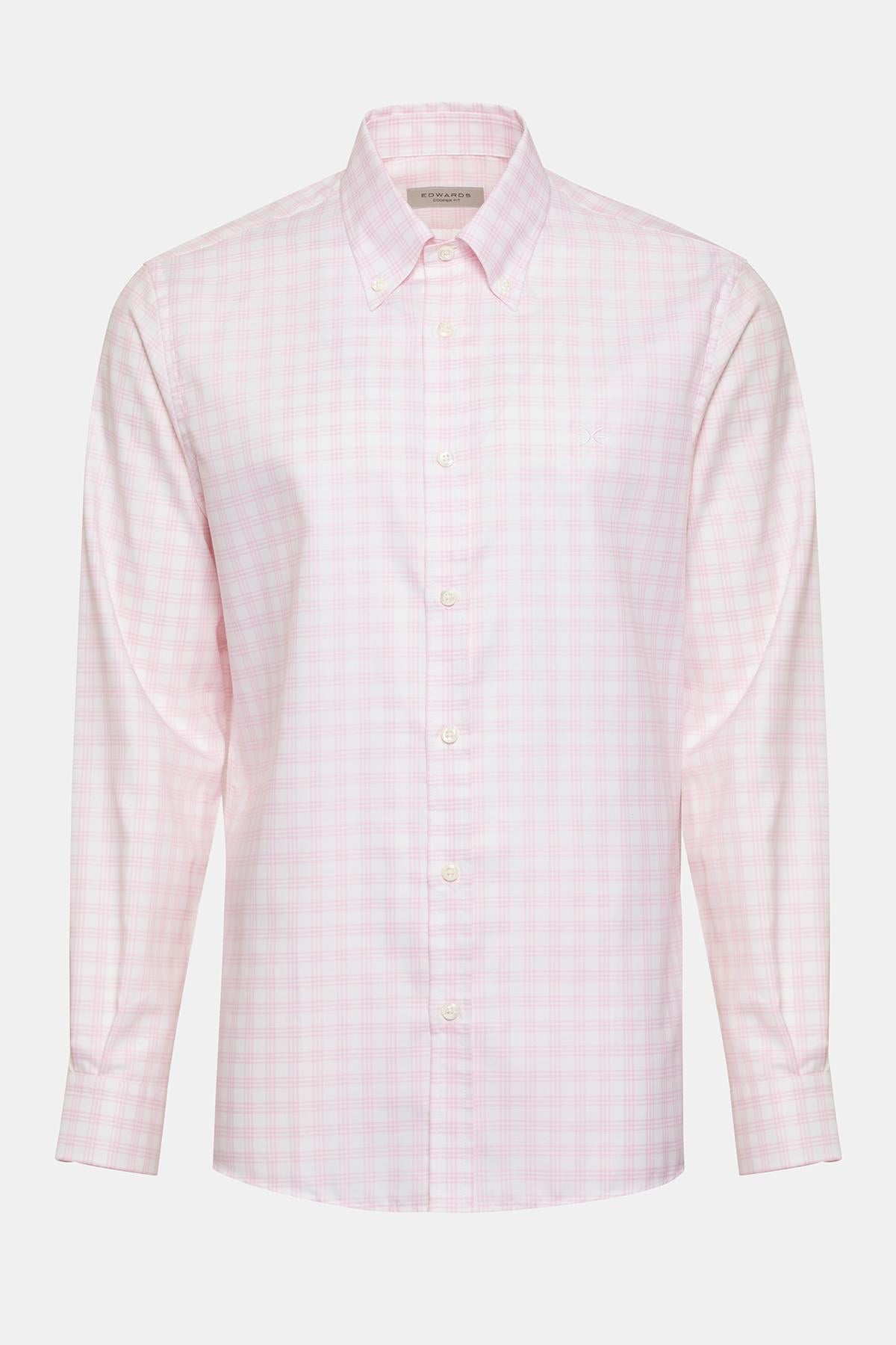  Erkek Pembe Cooper Fit Düğmeli Yaka Ekoseli Spor Gömlek