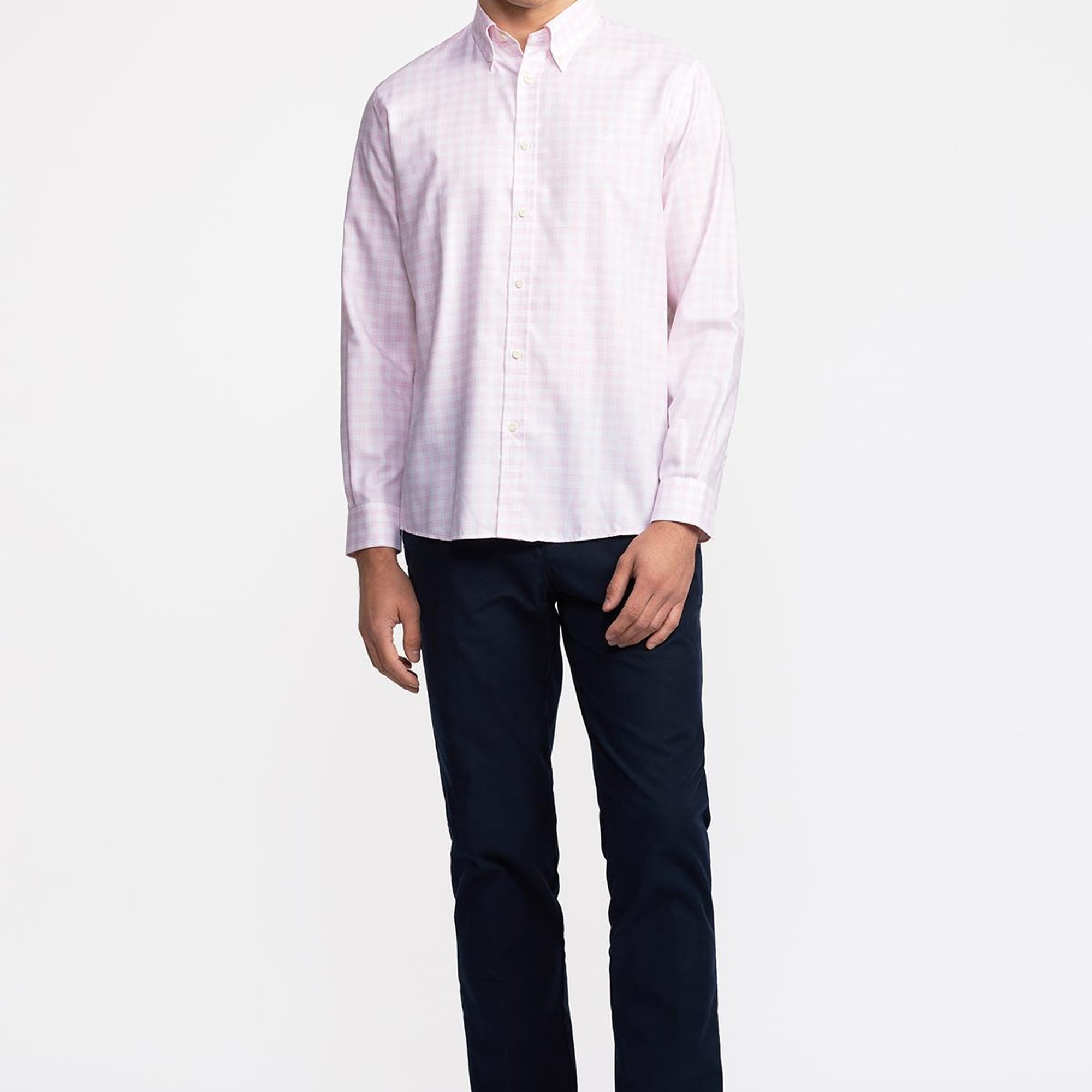 Erkek Pembe Cooper Fit Düğmeli Yaka Ekoseli Spor Gömlek