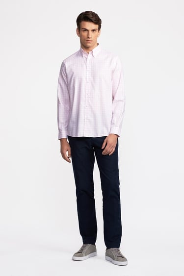  Erkek Pembe Cooper Fit Düğmeli Yaka Ekoseli Spor Gömlek