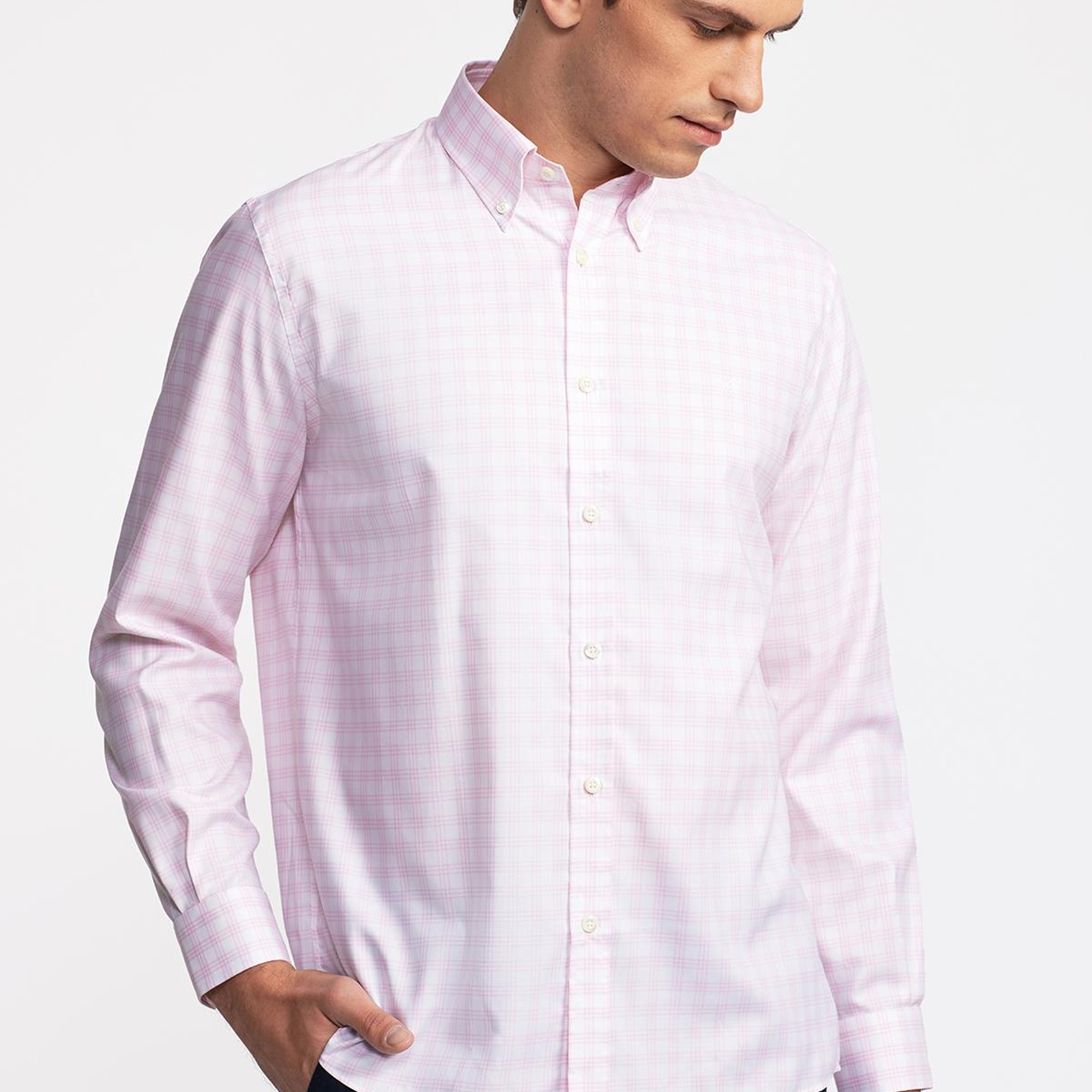 Erkek Pembe Cooper Fit Düğmeli Yaka Ekoseli Spor Gömlek