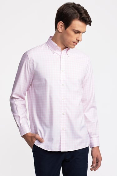  Erkek Pembe Cooper Fit Düğmeli Yaka Ekoseli Spor Gömlek