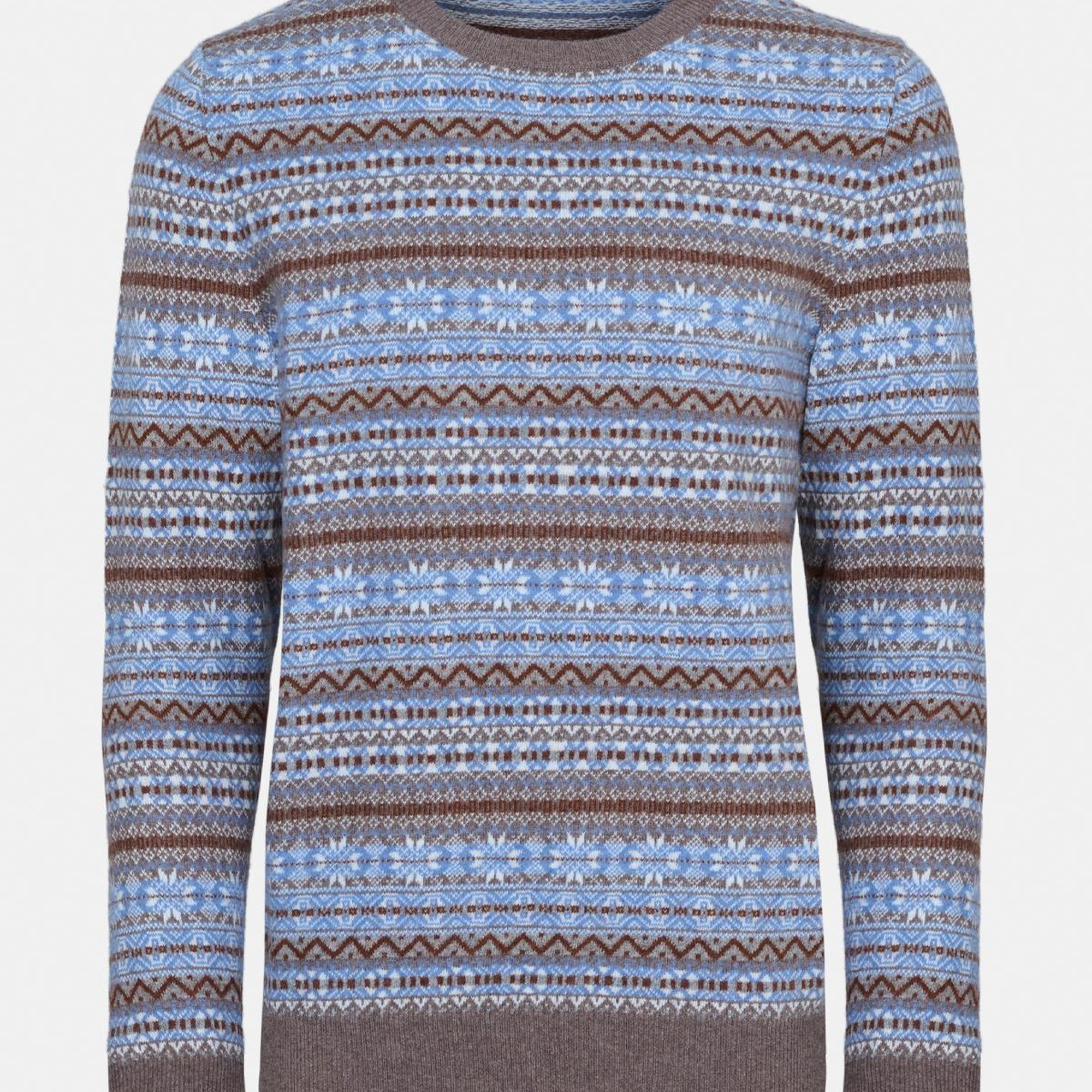 Erkek Kahverengi Bisiklet Yaka Desenli Lambswool Kazak