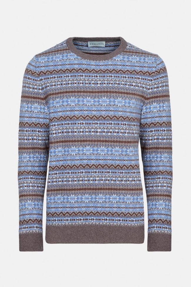  Erkek Kahverengi Bisiklet Yaka Desenli Lambswool Kazak