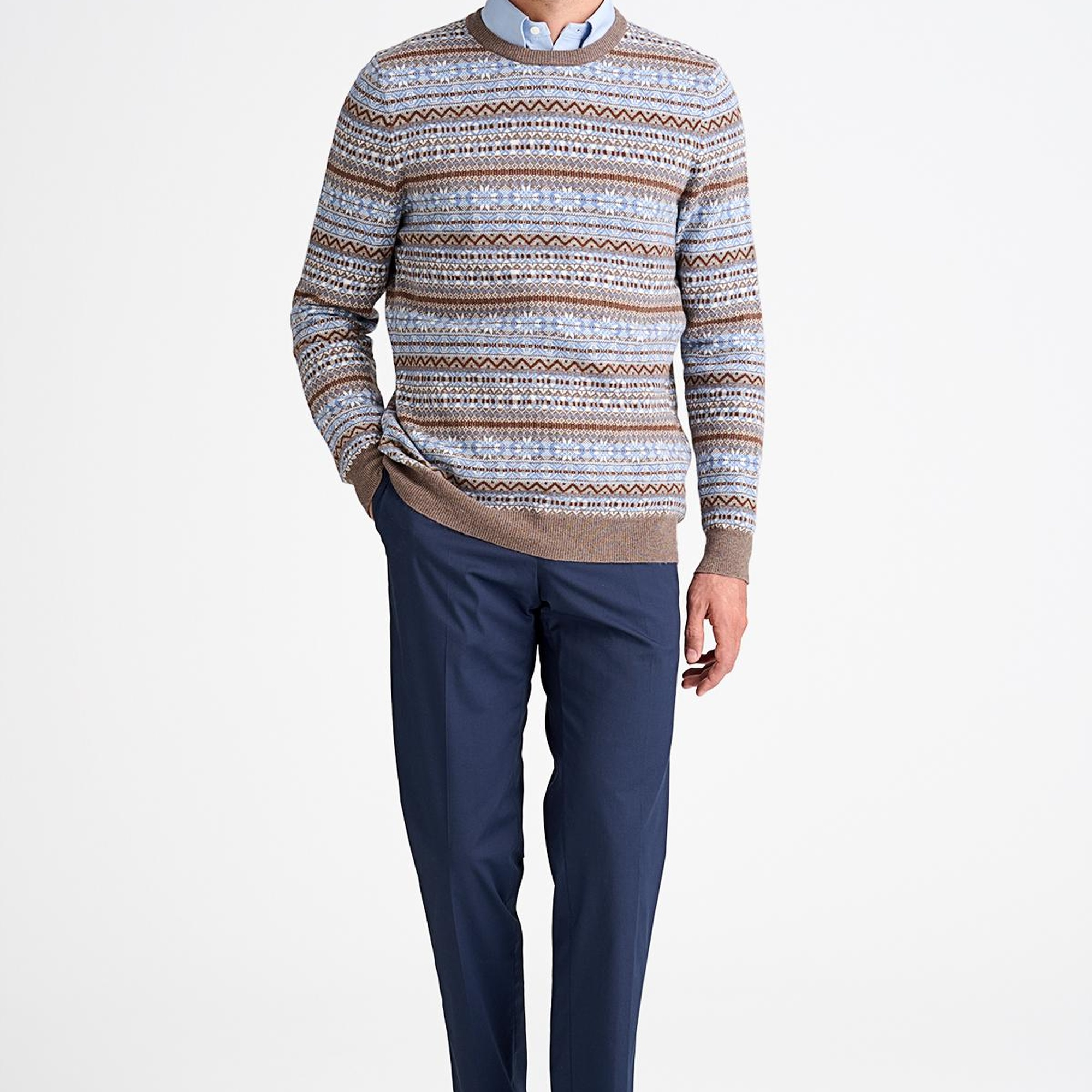 Erkek Kahverengi Bisiklet Yaka Desenli Lambswool Kazak