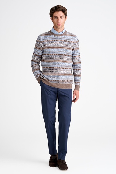  Erkek Kahverengi Bisiklet Yaka Desenli Lambswool Kazak