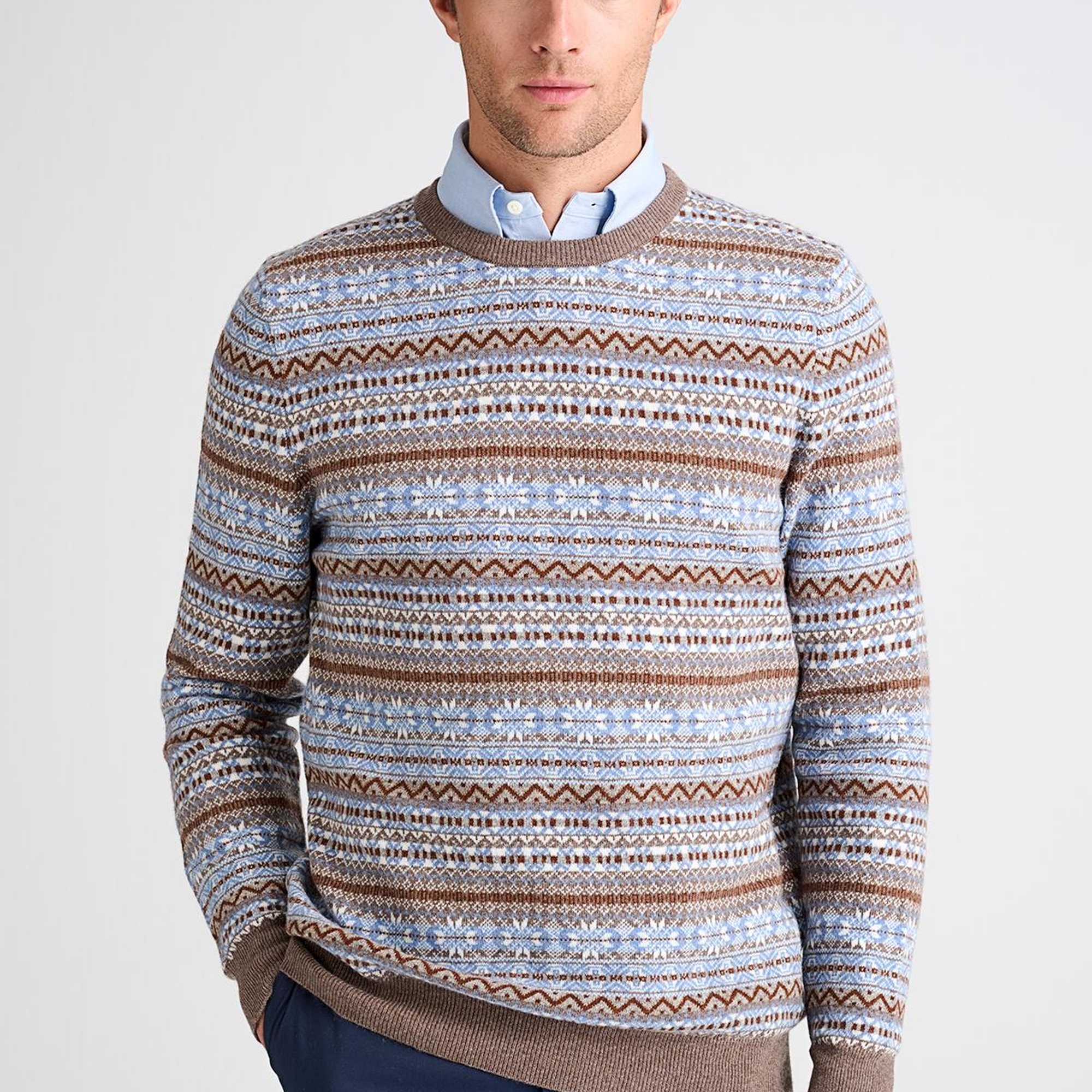 Erkek Kahverengi Bisiklet Yaka Desenli Lambswool Kazak