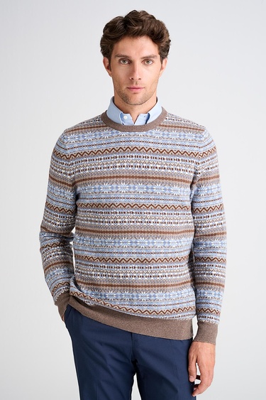  Erkek Kahverengi Bisiklet Yaka Desenli Lambswool Kazak