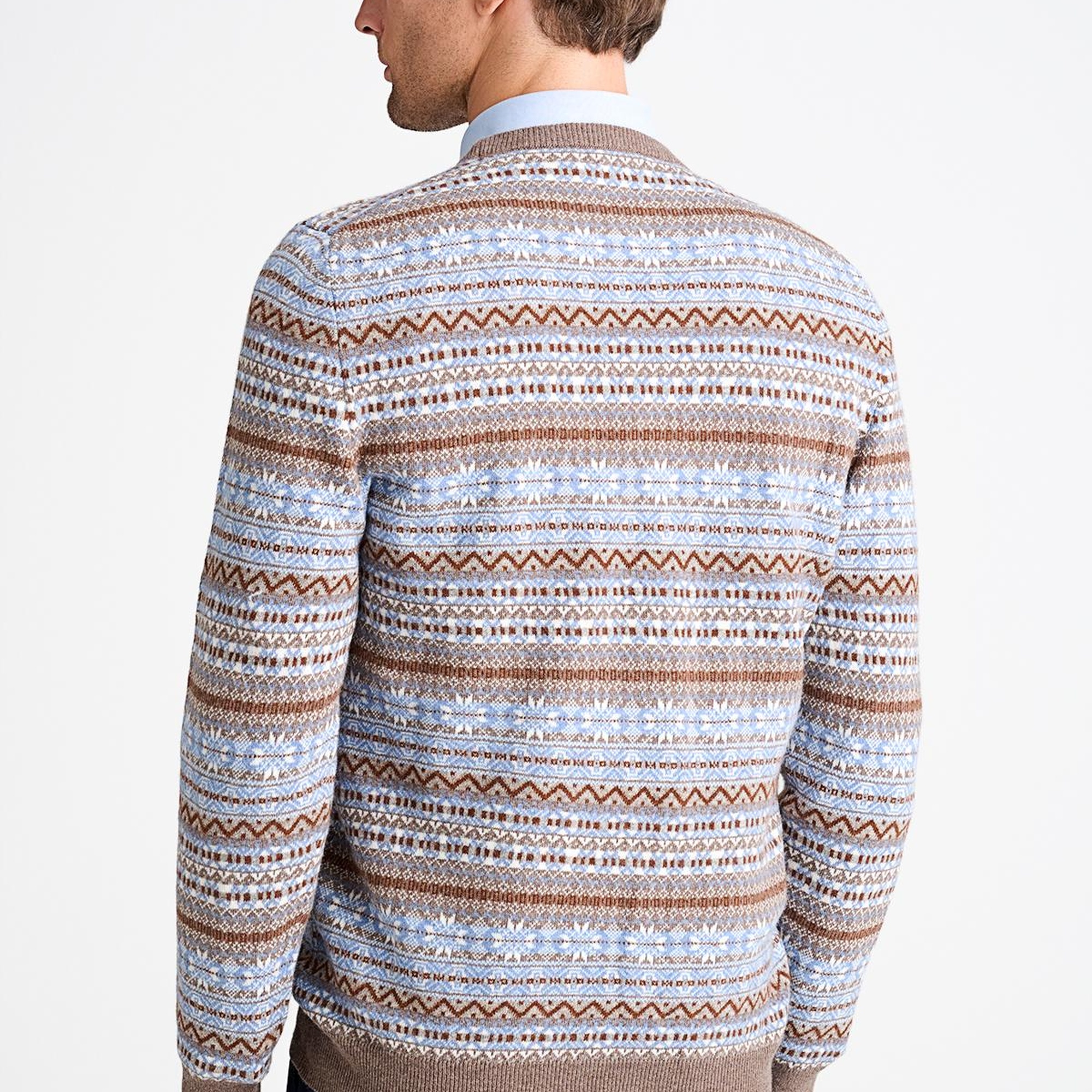 Erkek Kahverengi Bisiklet Yaka Desenli Lambswool Kazak