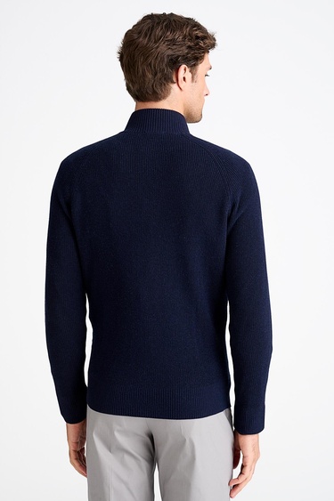  Erkek Lacivert Pamuk Kaşmir Karışımlı Fermuarlı Hırka