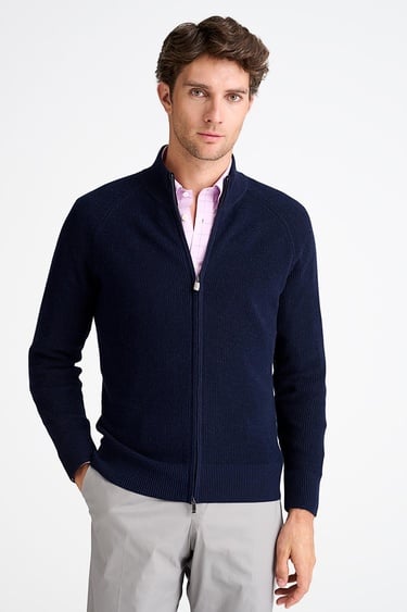  Erkek Lacivert Pamuk Kaşmir Karışımlı Fermuarlı Hırka