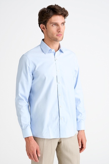  Erkek Mavi Cooper Fit Non-Iron Kravat Yaka Klasik Gömlek