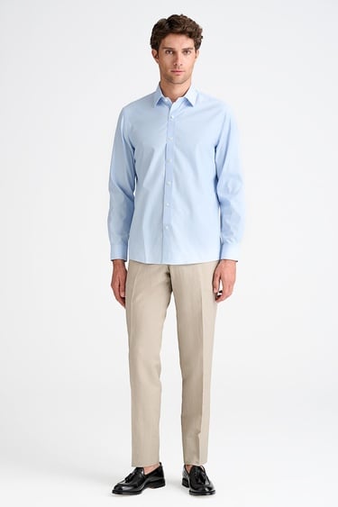  Erkek Mavi Cooper Fit Non-Iron Kravat Yaka Klasik Gömlek