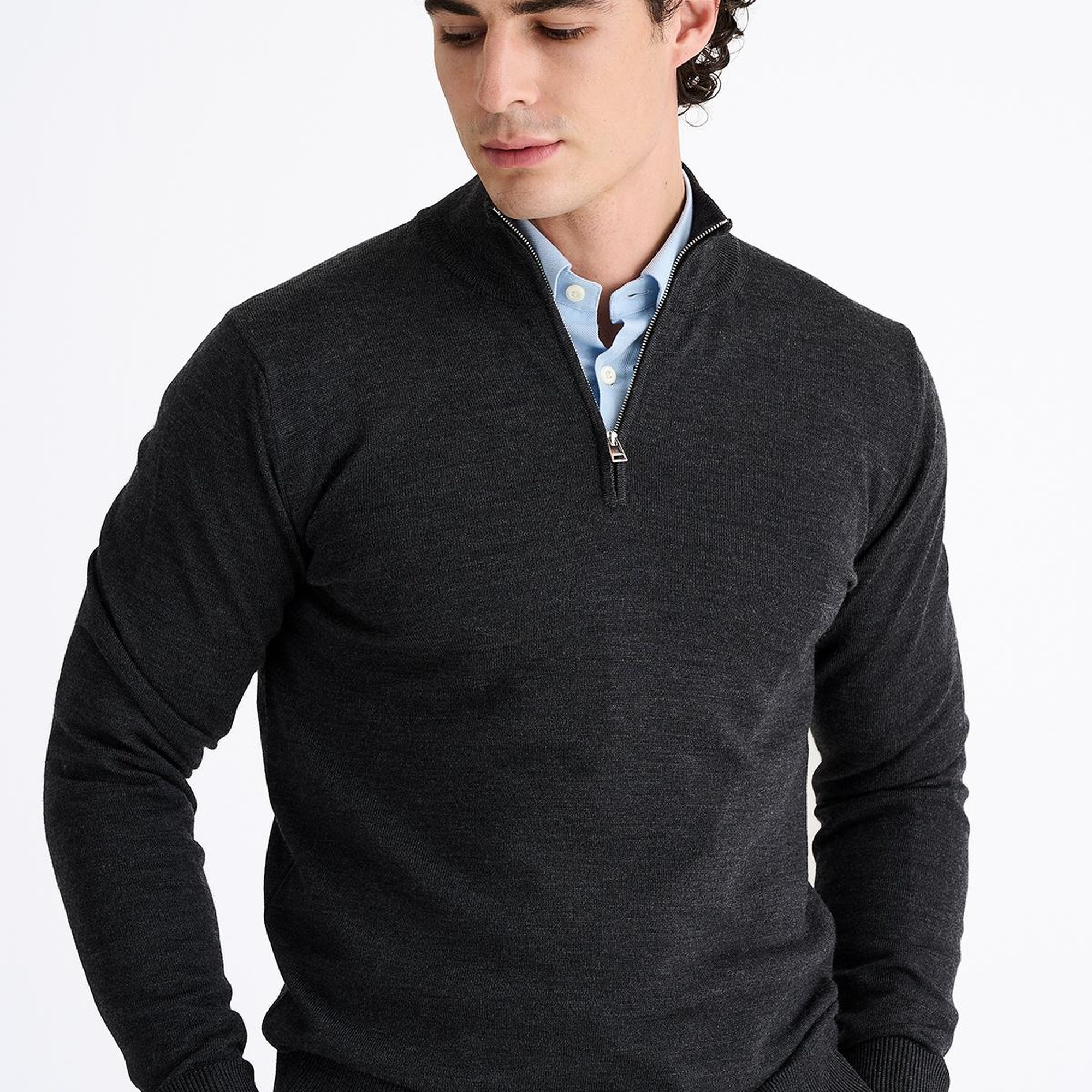 Erkek Antrasit Extrafine Yün Yarım Fermuarlı Kazak