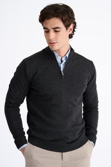  Erkek Antrasit Extrafine Yün Yarım Fermuarlı Kazak