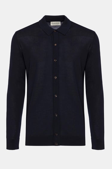  Erkek Lacivert Yün Düğmeli Gömlek Yakalı Kazak