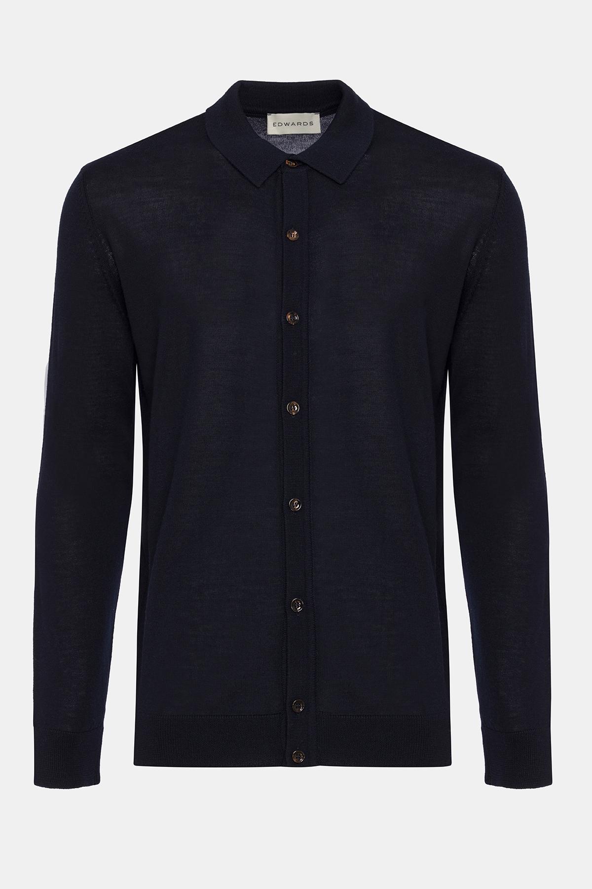  Erkek Lacivert Yün Düğmeli Gömlek Yakalı Kazak