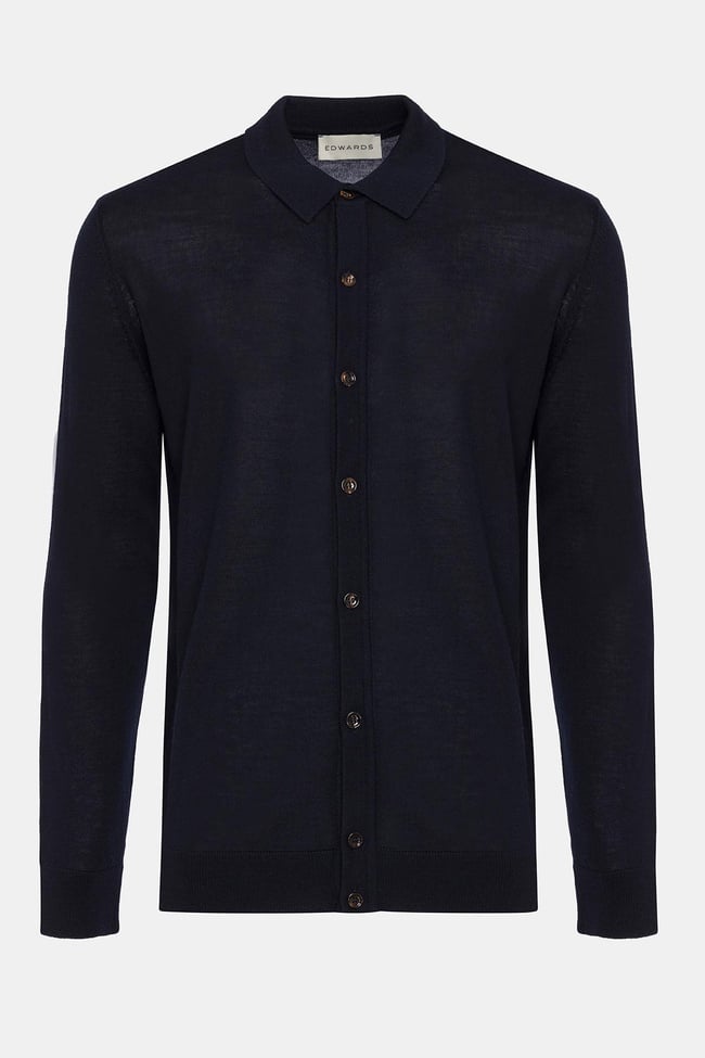  Erkek Lacivert Yün Düğmeli Gömlek Yakalı Kazak