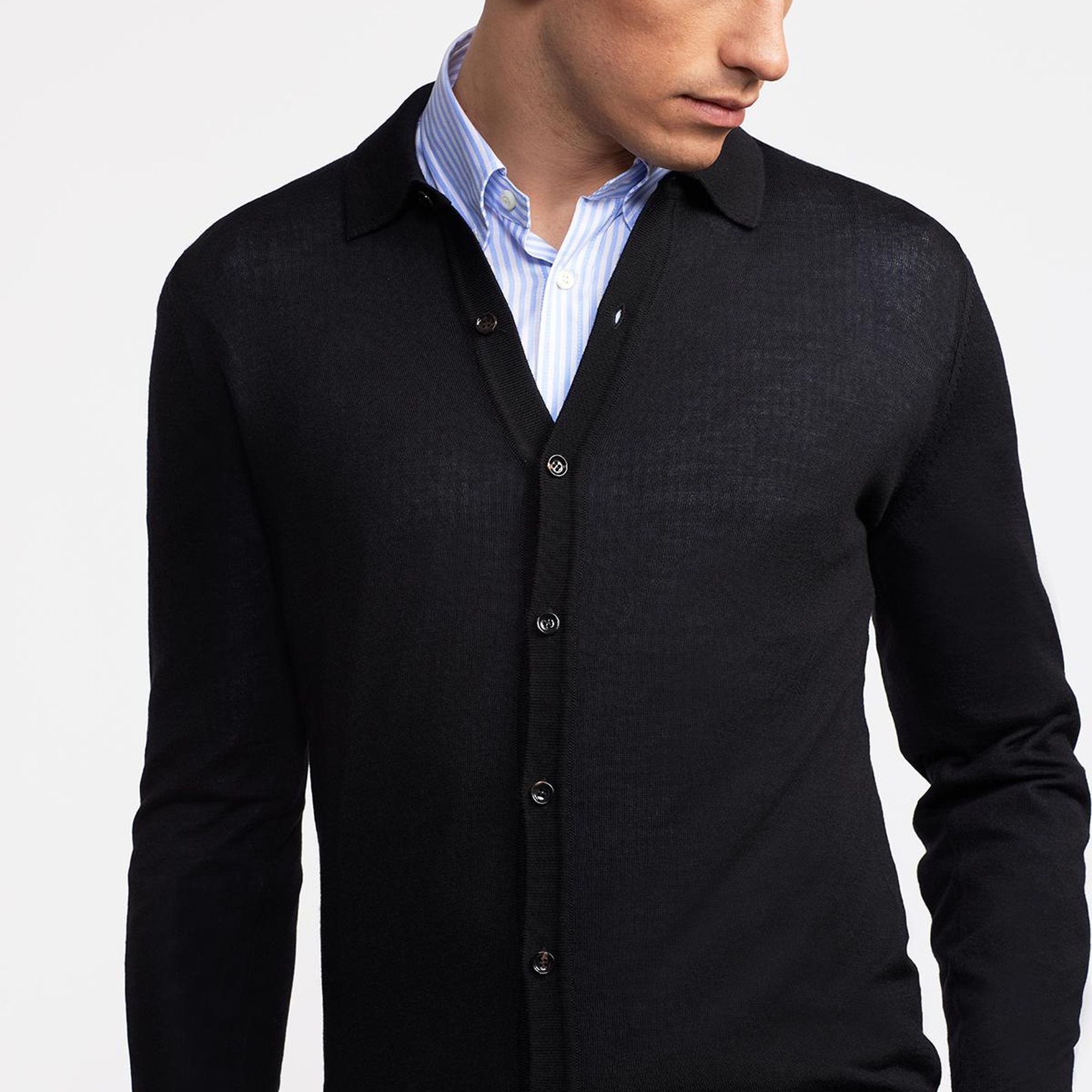 Erkek Lacivert Yün Düğmeli Gömlek Yakalı Kazak