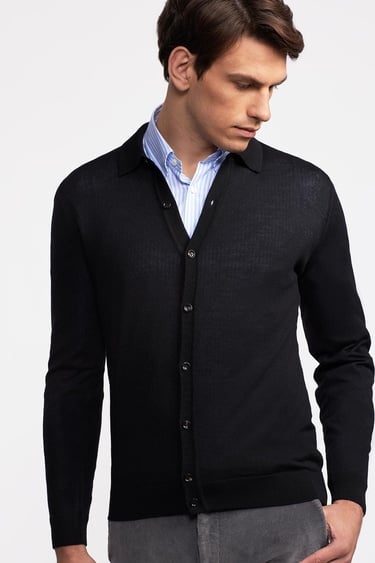  Erkek Lacivert Yün Düğmeli Gömlek Yakalı Kazak