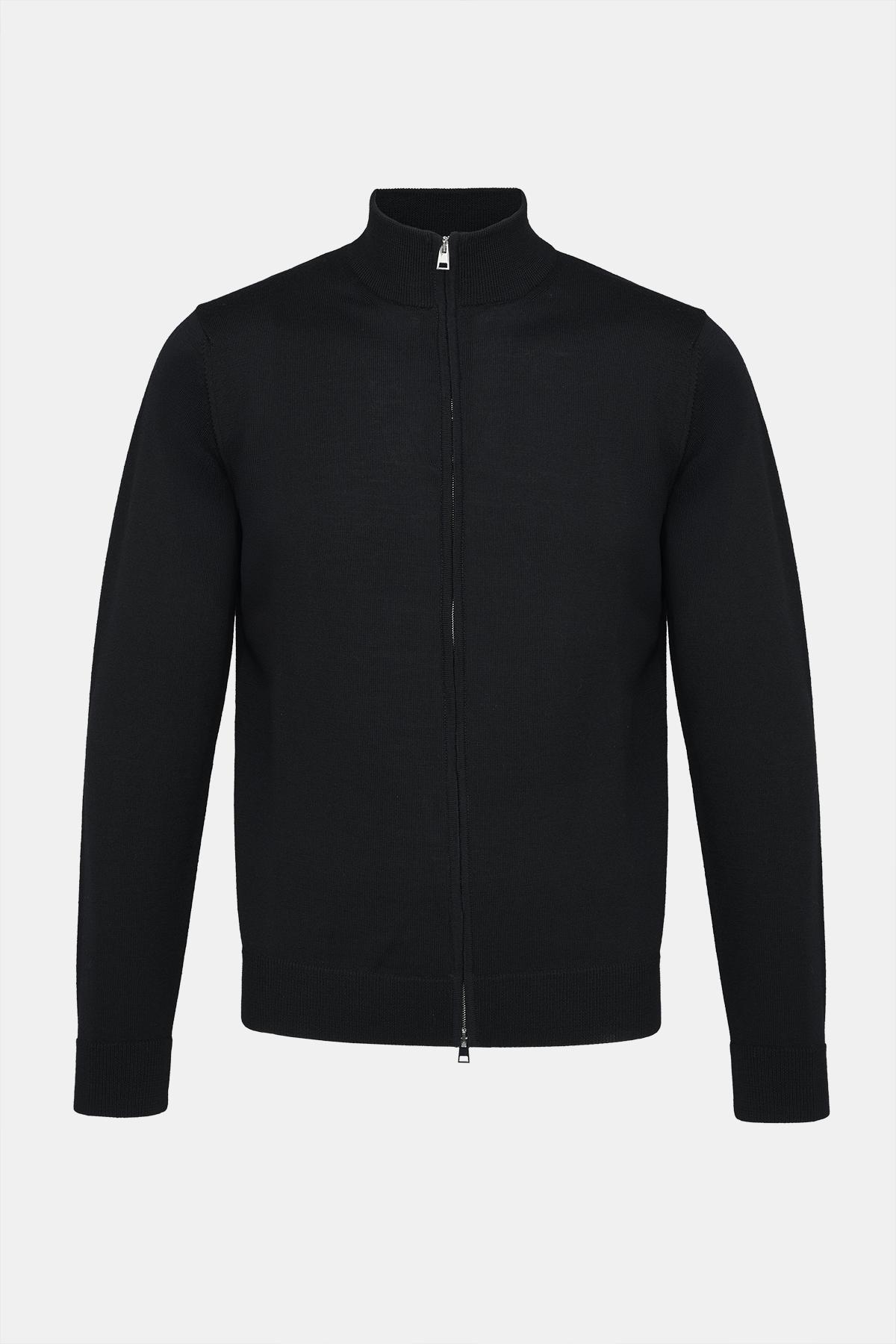  Erkek Siyah Extrafine Yün Fermuarlı Hırka