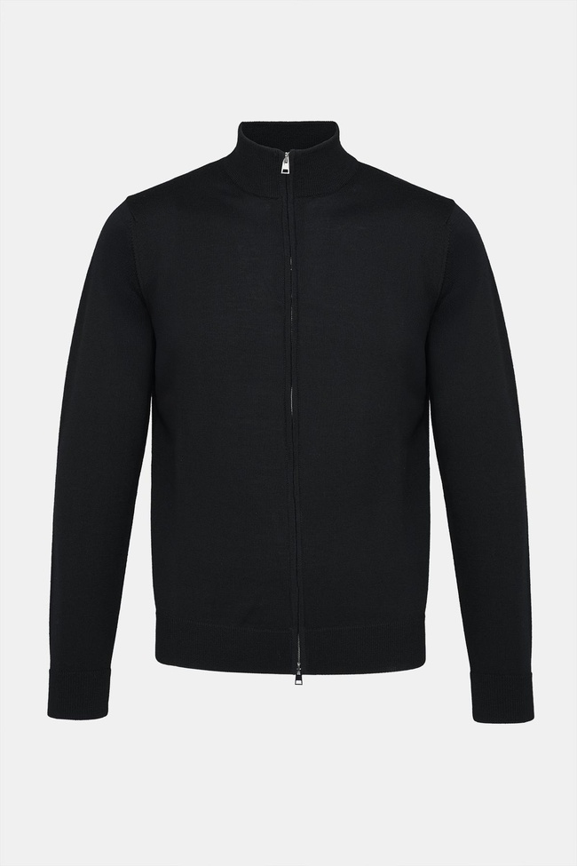  Erkek Siyah Extrafine Yün Fermuarlı Hırka