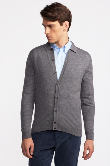  Erkek Gri Yün Düğmeli Gömlek Yakalı Kazak