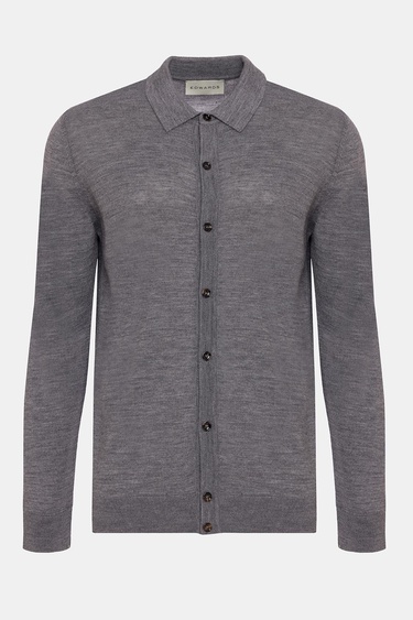  Erkek Gri Yün Düğmeli Gömlek Yakalı Kazak