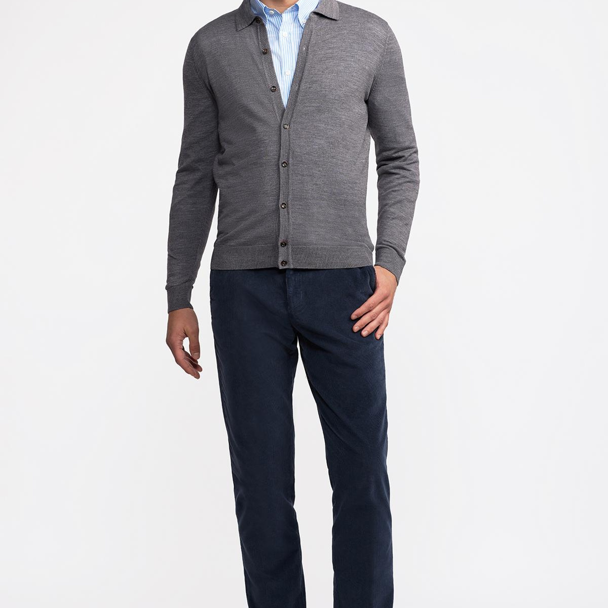 Erkek Gri Yün Düğmeli Gömlek Yakalı Kazak