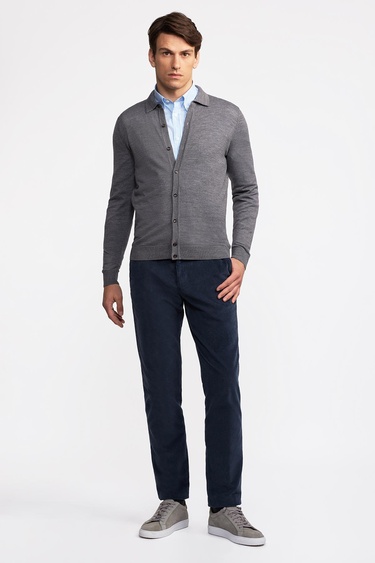  Erkek Gri Yün Düğmeli Gömlek Yakalı Kazak