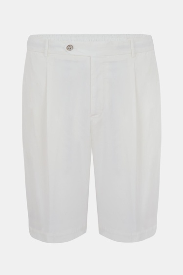  Erkek Beyaz Büzgülü Elastik Bel Bantlı Pilili Bermuda Şort