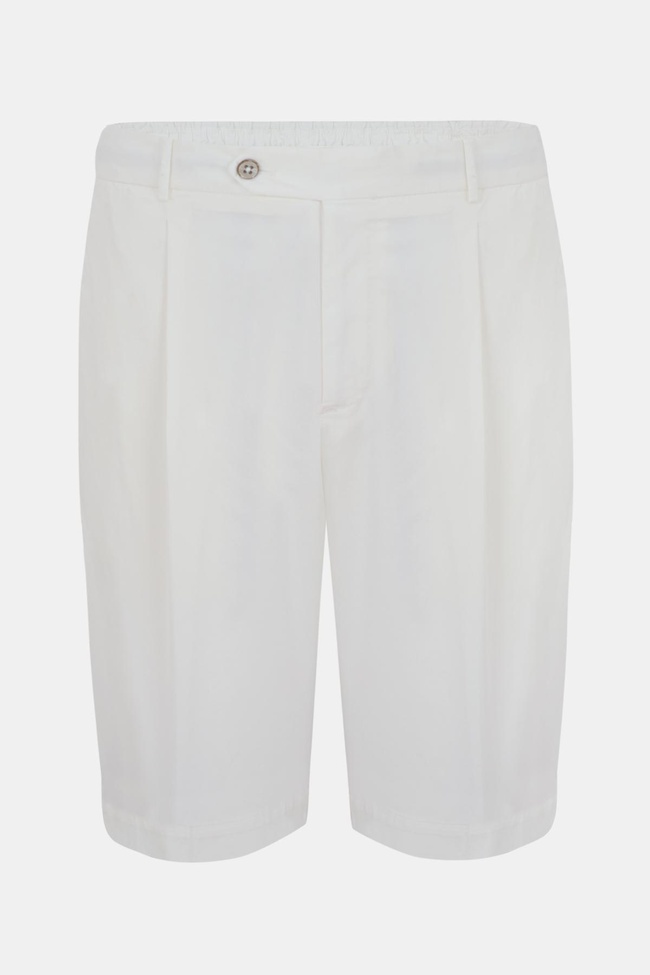  Erkek Beyaz Büzgülü Elastik Bel Bantlı Pilili Bermuda Şort