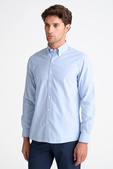  Erkek Mavi Cooper Fit Non-Iron Düğmeli Yaka Spor Gömlek