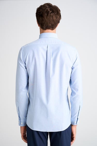  Erkek Mavi Cooper Fit Non-Iron Düğmeli Yaka Spor Gömlek