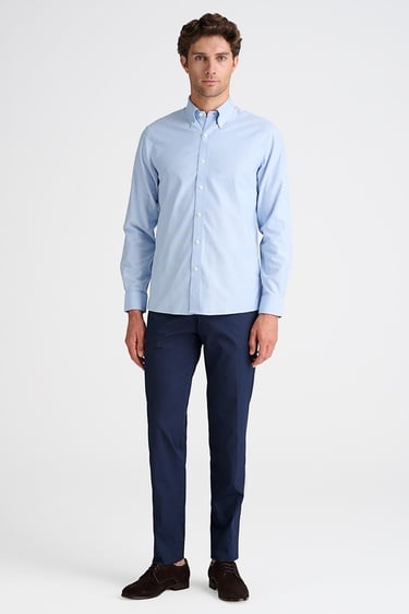  Erkek Mavi Cooper Fit Non-Iron Düğmeli Yaka Spor Gömlek